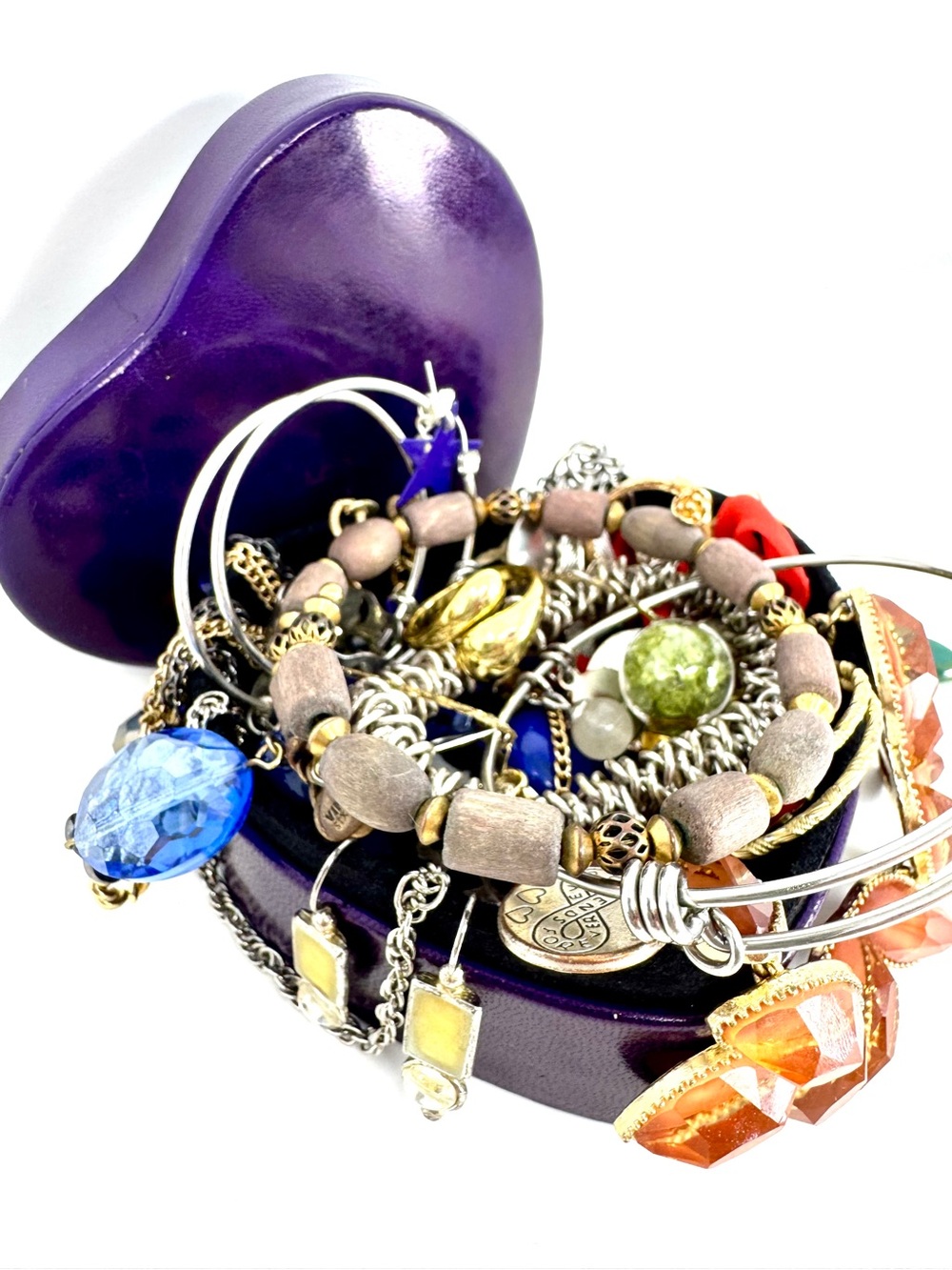 Leatherette Heart Jewelry Box Bundle Full of Assorted Mixed Media Jewelry